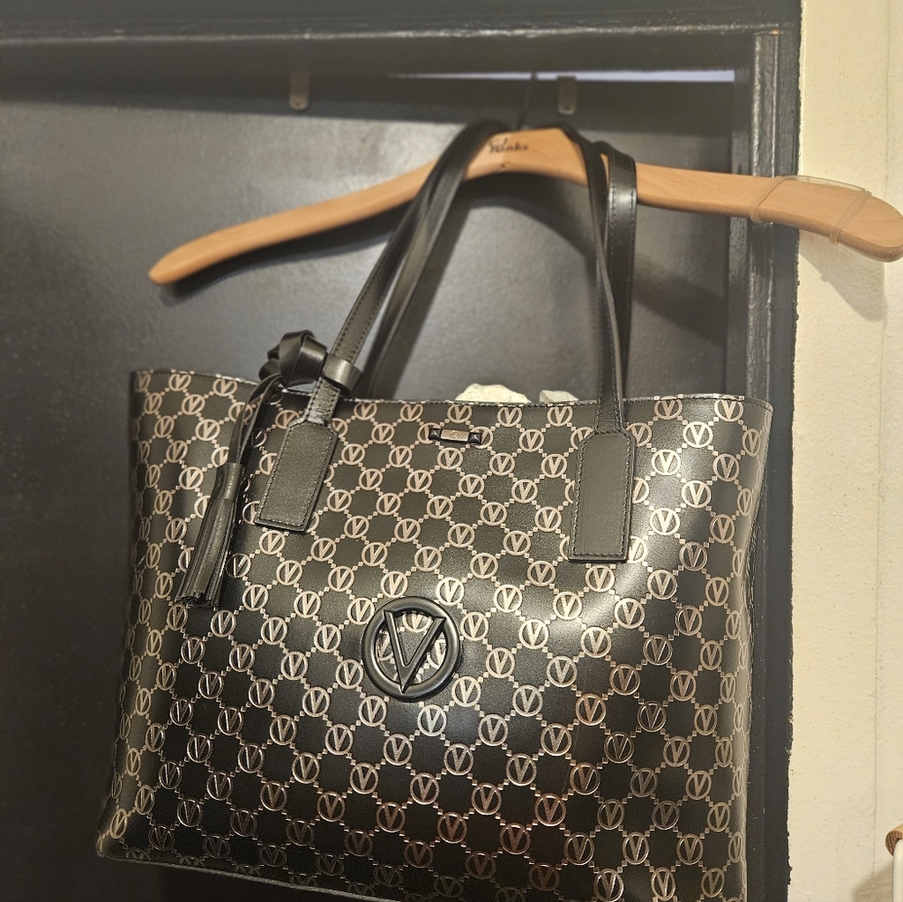 Valentino By Mario Valentino Black Tote with Grey Monogram